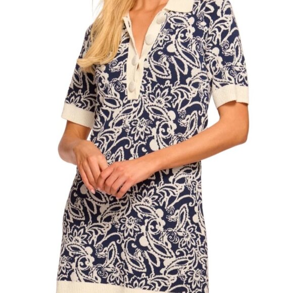 Ramy Brook Womens Sz M Erin Boucle Knit Navy and Cream Polo Mini Dress - Picture 1 of 14